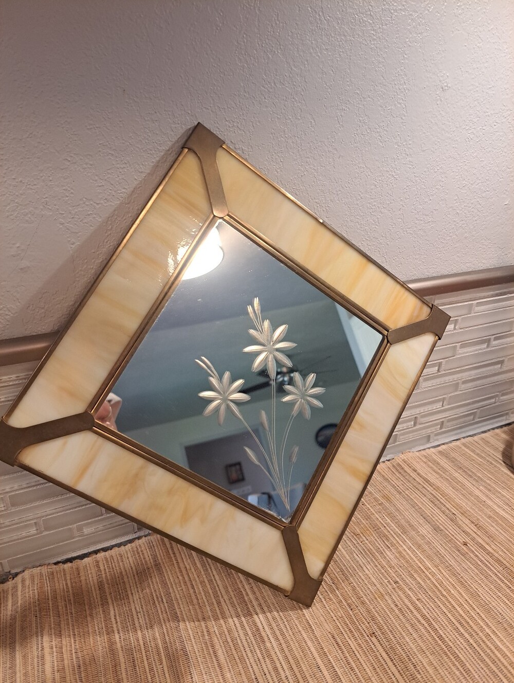 Vtg Crowning Touch Leaded Stained Glass Diamond-Shaped Wall Mirror 9" X 9"